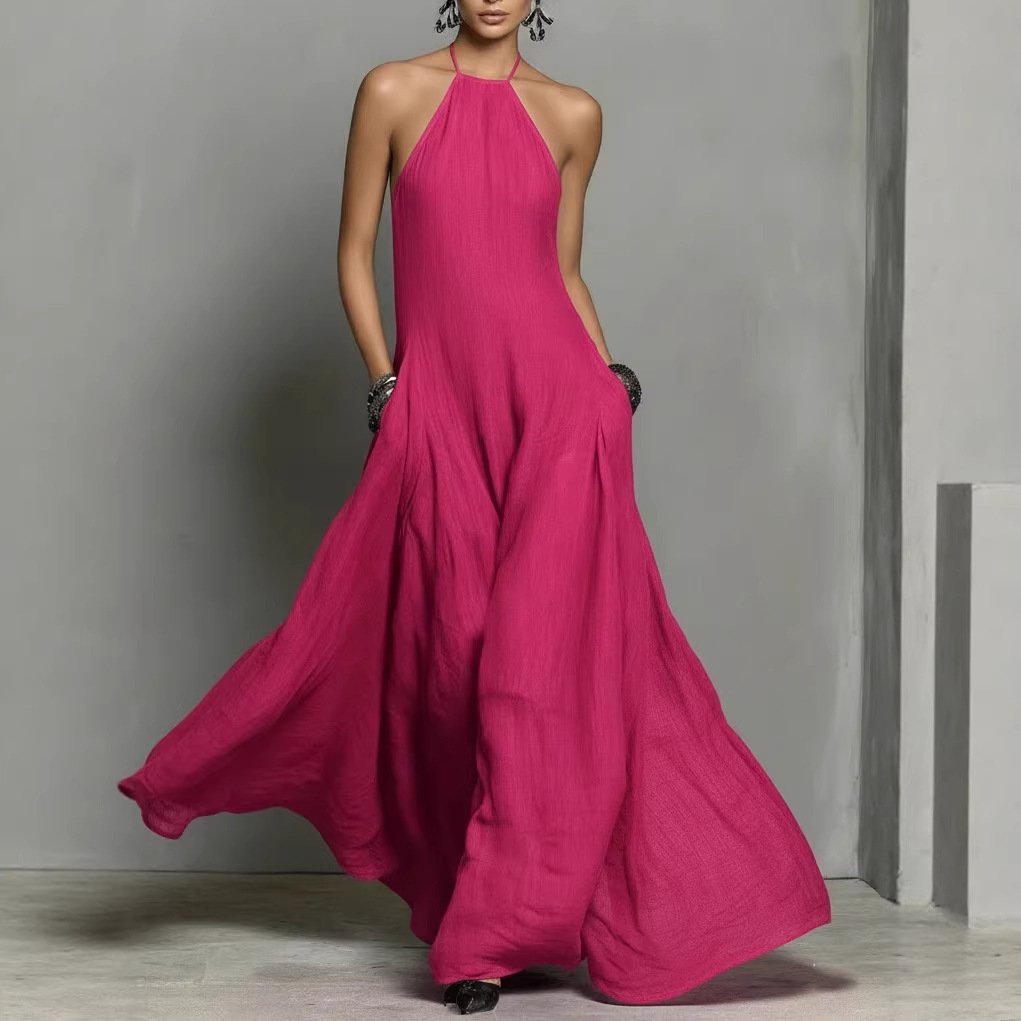 Clara | Dame Halterneck Linned Maxi Kjole