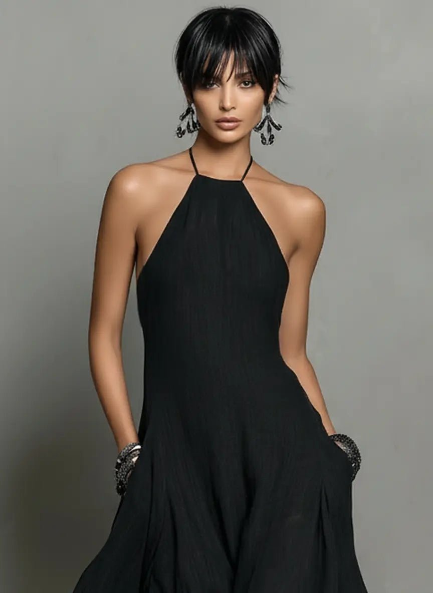 Clara | Dame Halterneck Linned Maxi Kjole