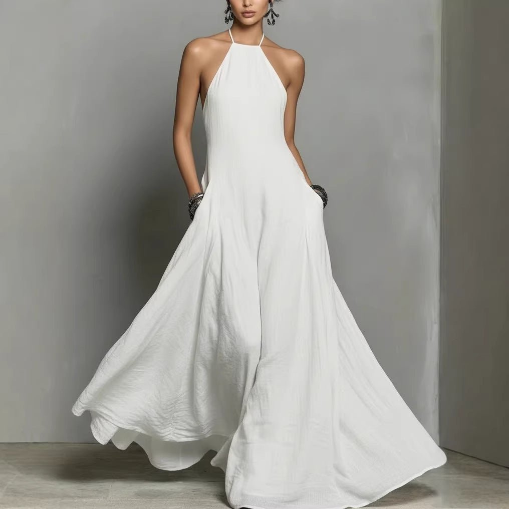 Clara | Dame Halterneck Linned Maxi Kjole