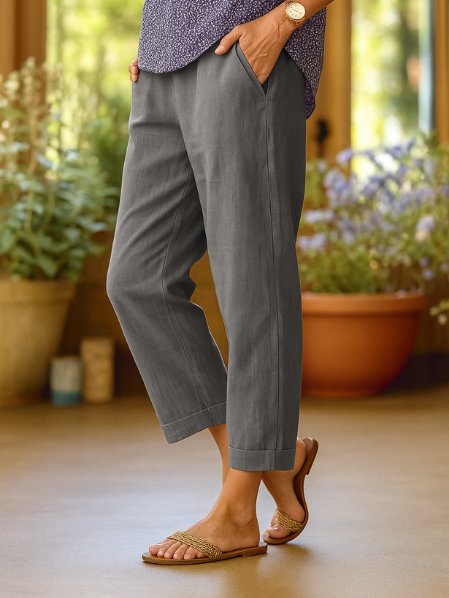 Astrid | Dame Hør Tapered Cropped Bukser med Manchetter