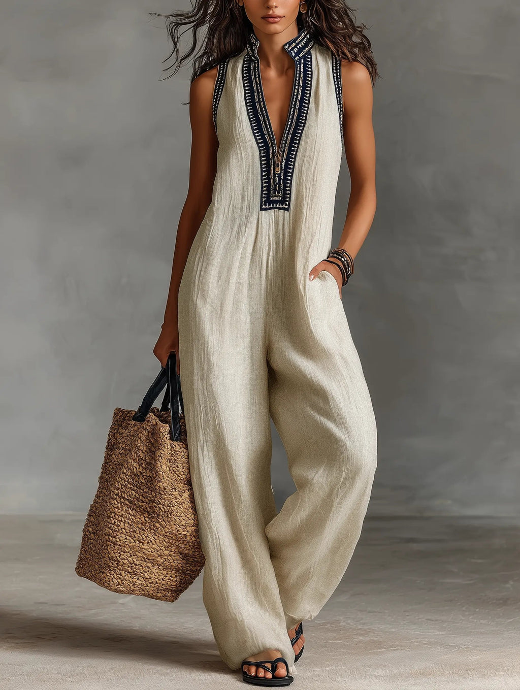 Nora | Dame Linen Ærmeløs Broderet Jumpsuit
