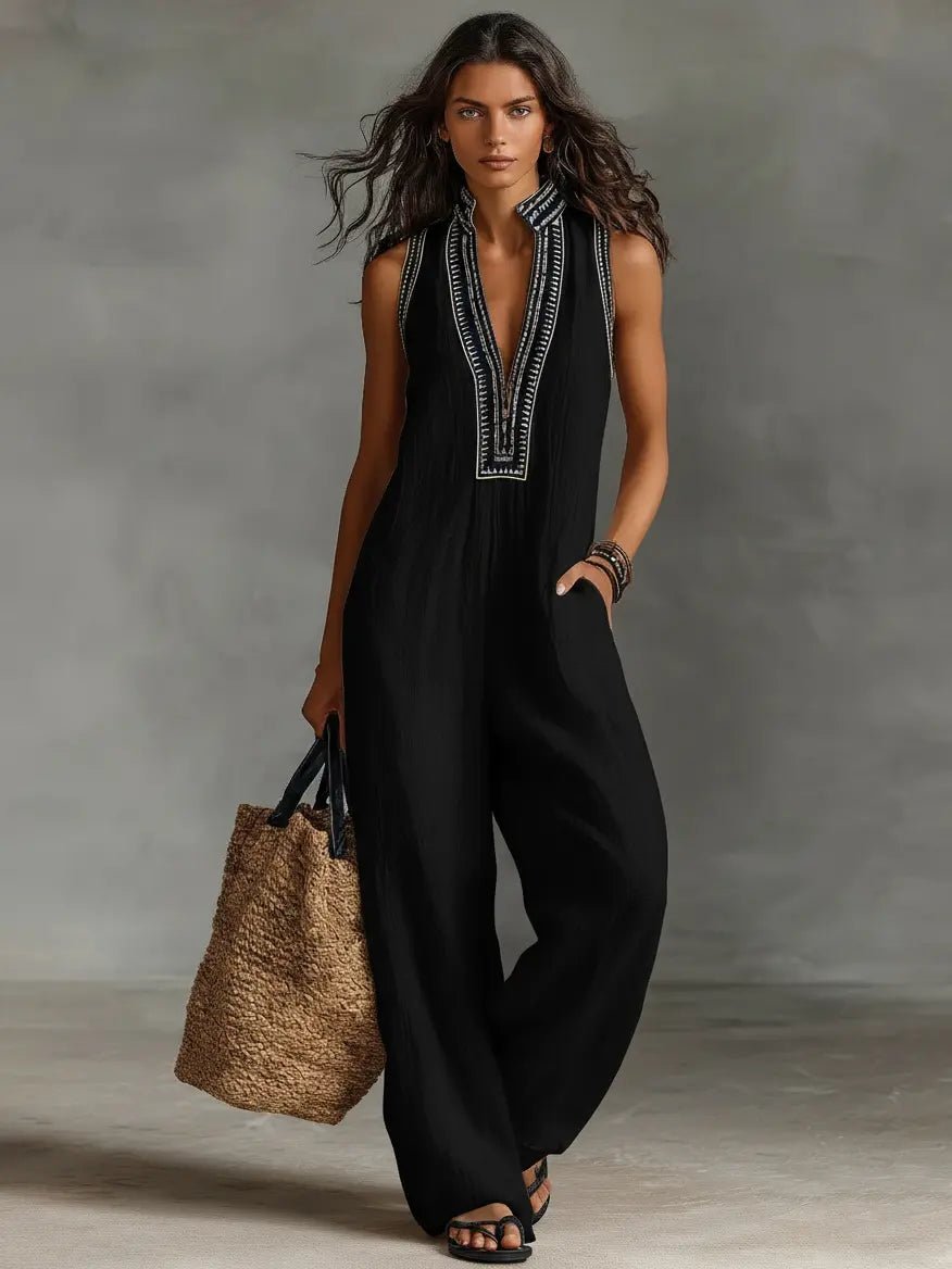 Nora | Dame Linen Ærmeløs Broderet Jumpsuit