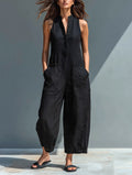 Liv | Dame Linen Ærmeløs Button-Up Jumpsuit med Stående Krave