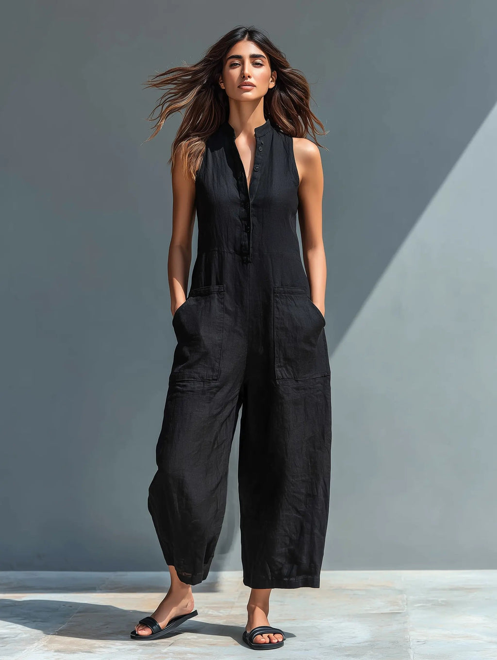 Liv | Dame Linen Ærmeløs Button-Up Jumpsuit med Stående Krave