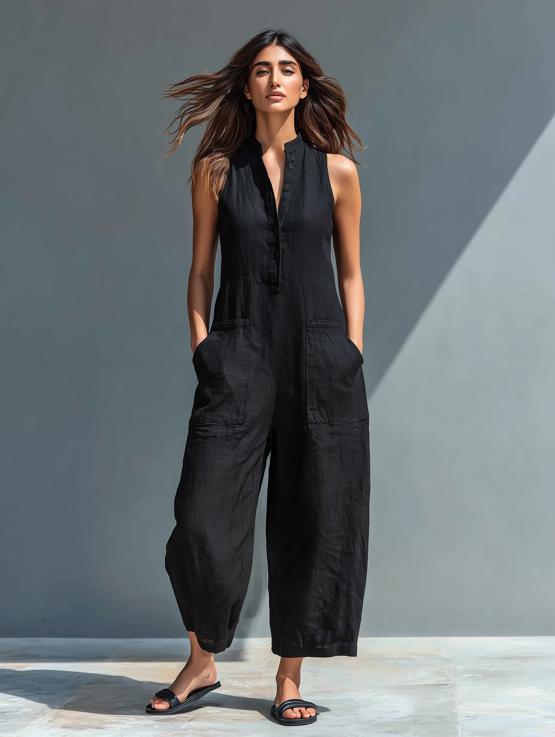 Liv | Dame Linen Ærmeløs Button-Up Jumpsuit med Stående Krave
