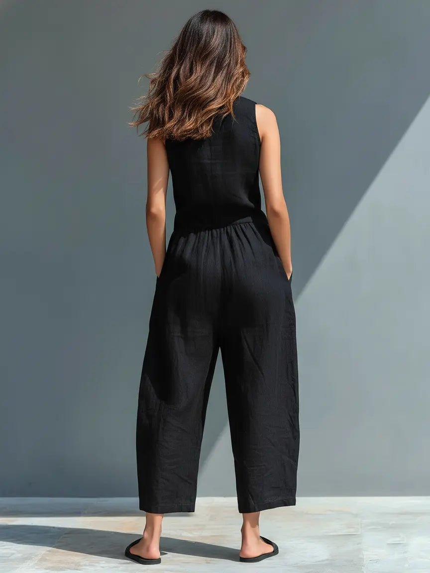 Liv | Dame Linen Ærmeløs Button-Up Jumpsuit med Stående Krave