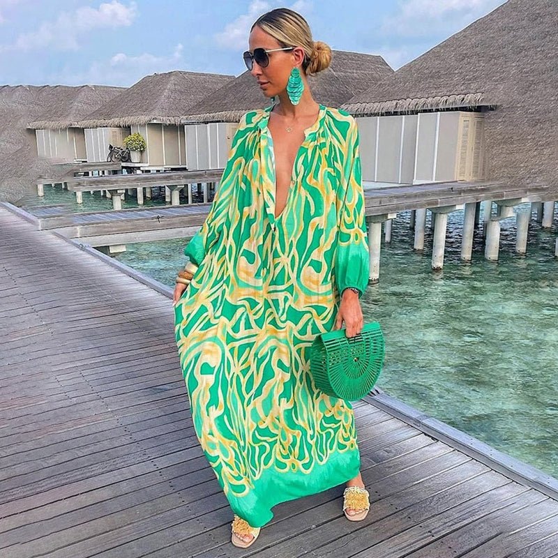 Nora | Dame Løs Kaftan Maxi Kjole Abstrakt Print