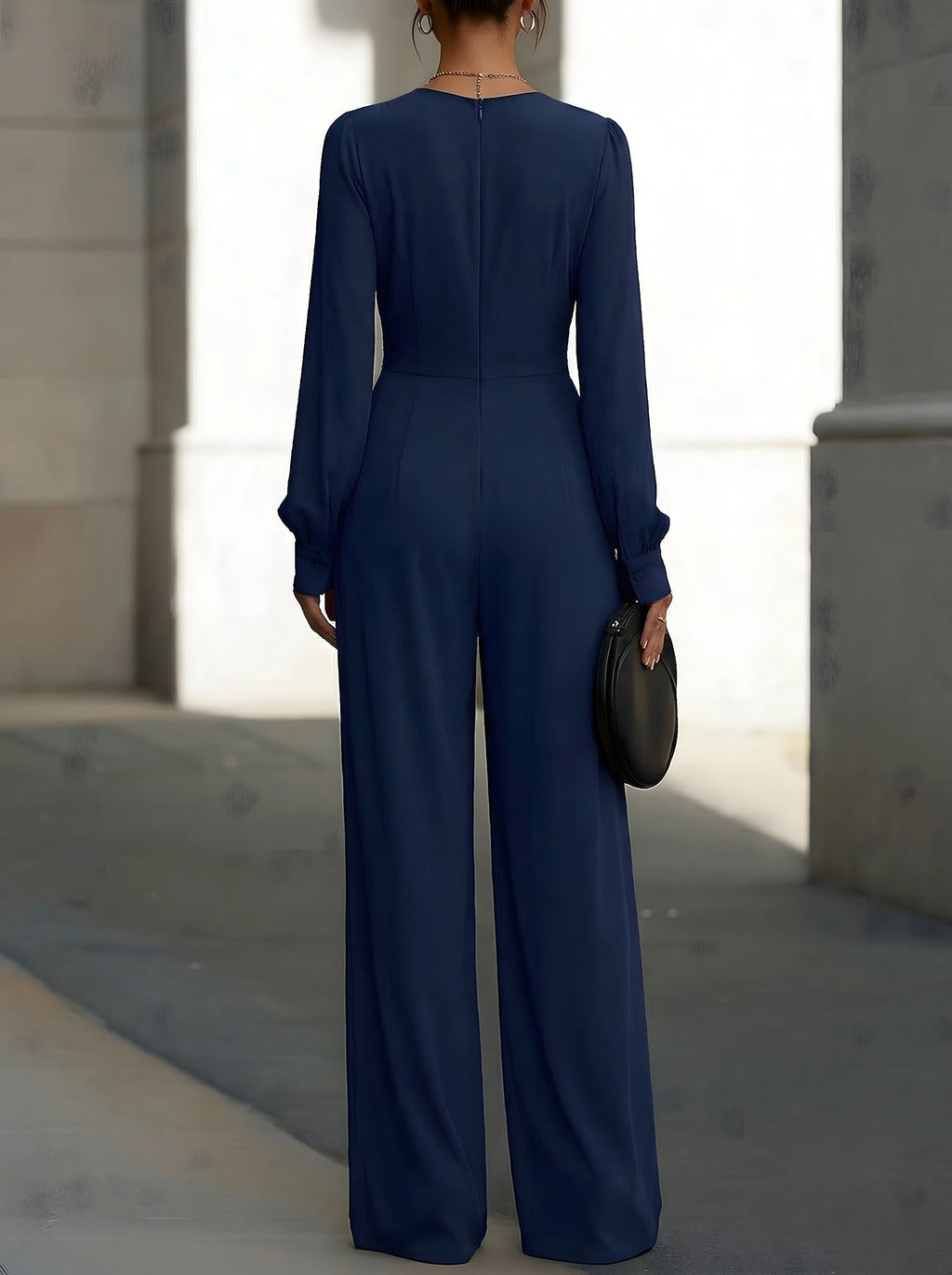 Anna | Dame Marineblå V-hals Lang Ærme Vid-ben Jumpsuit