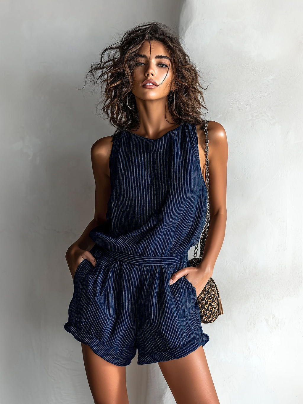 Agnes | Dame Stribet Hør-Blend Ærmeløs Jumpsuit