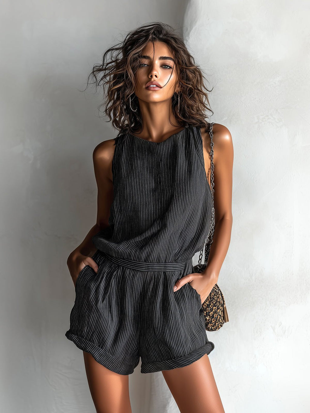 Agnes | Dame Stribet Hør-Blend Ærmeløs Jumpsuit