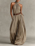 Liv | Dame Taupe Halterneck Wide-Leg Jumpsuit med Lommer