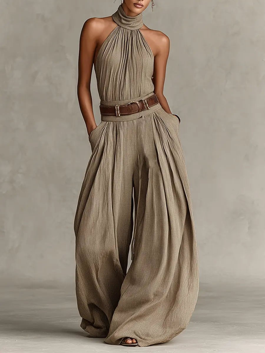 Liv | Dame Taupe Halterneck Wide-Leg Jumpsuit med Lommer