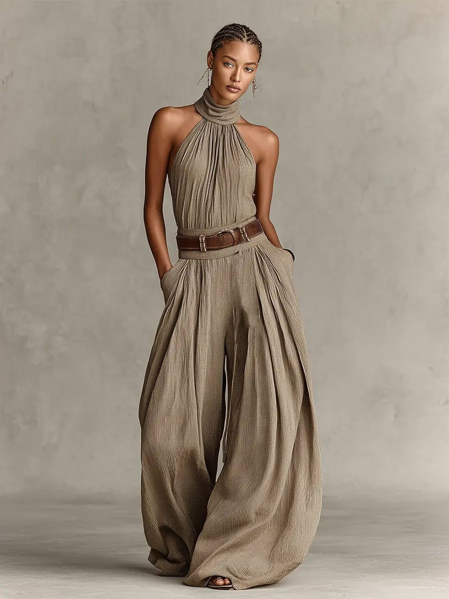 Liv | Dame Taupe Halterneck Wide-Leg Jumpsuit med Lommer