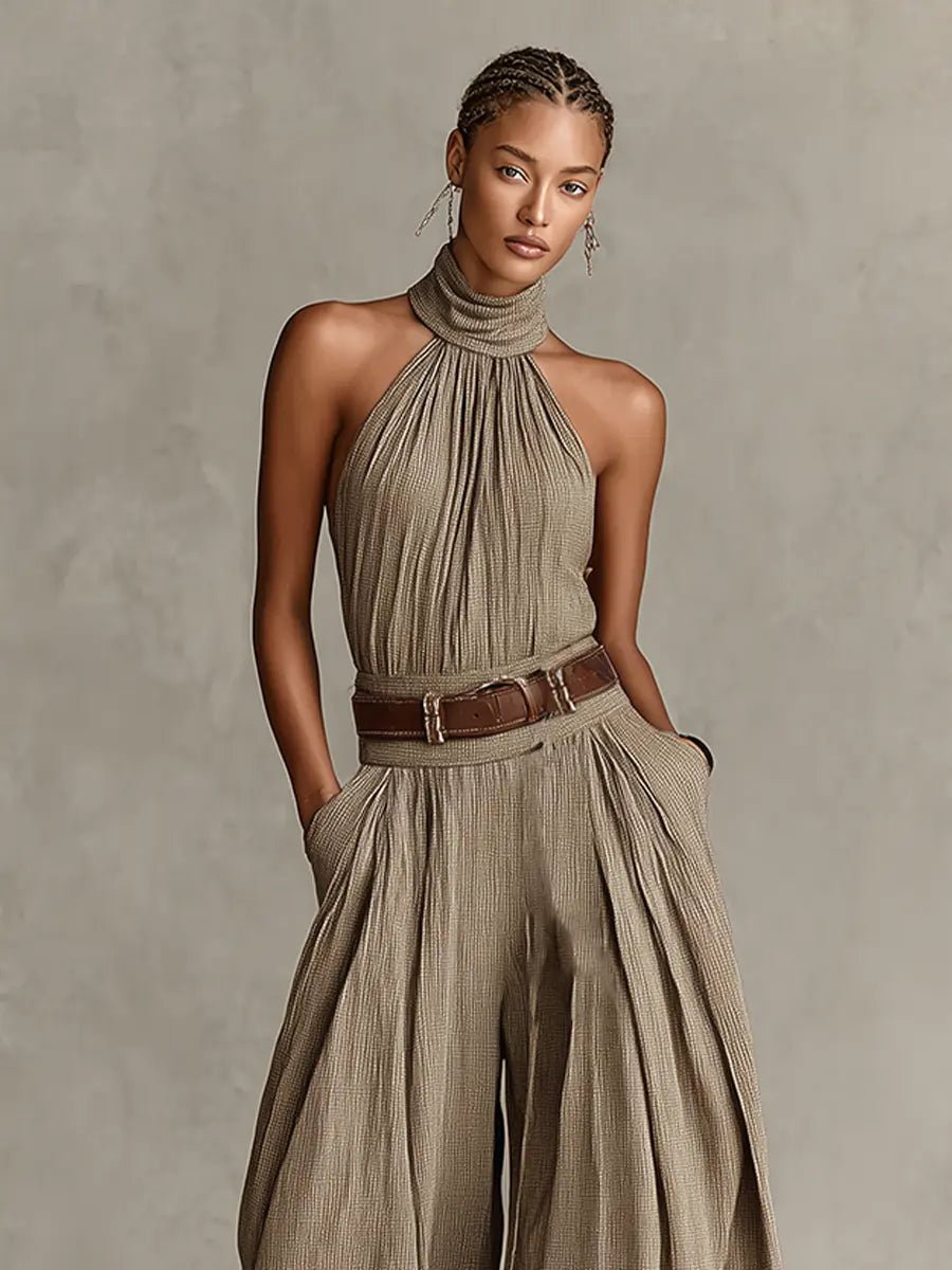 Liv | Dame Taupe Halterneck Wide-Leg Jumpsuit med Lommer