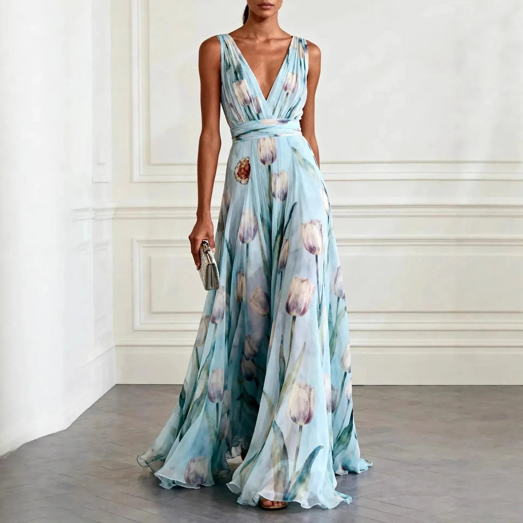 Olivia | Dame Tulipan Print V-udskæring Chiffon Maxikjole