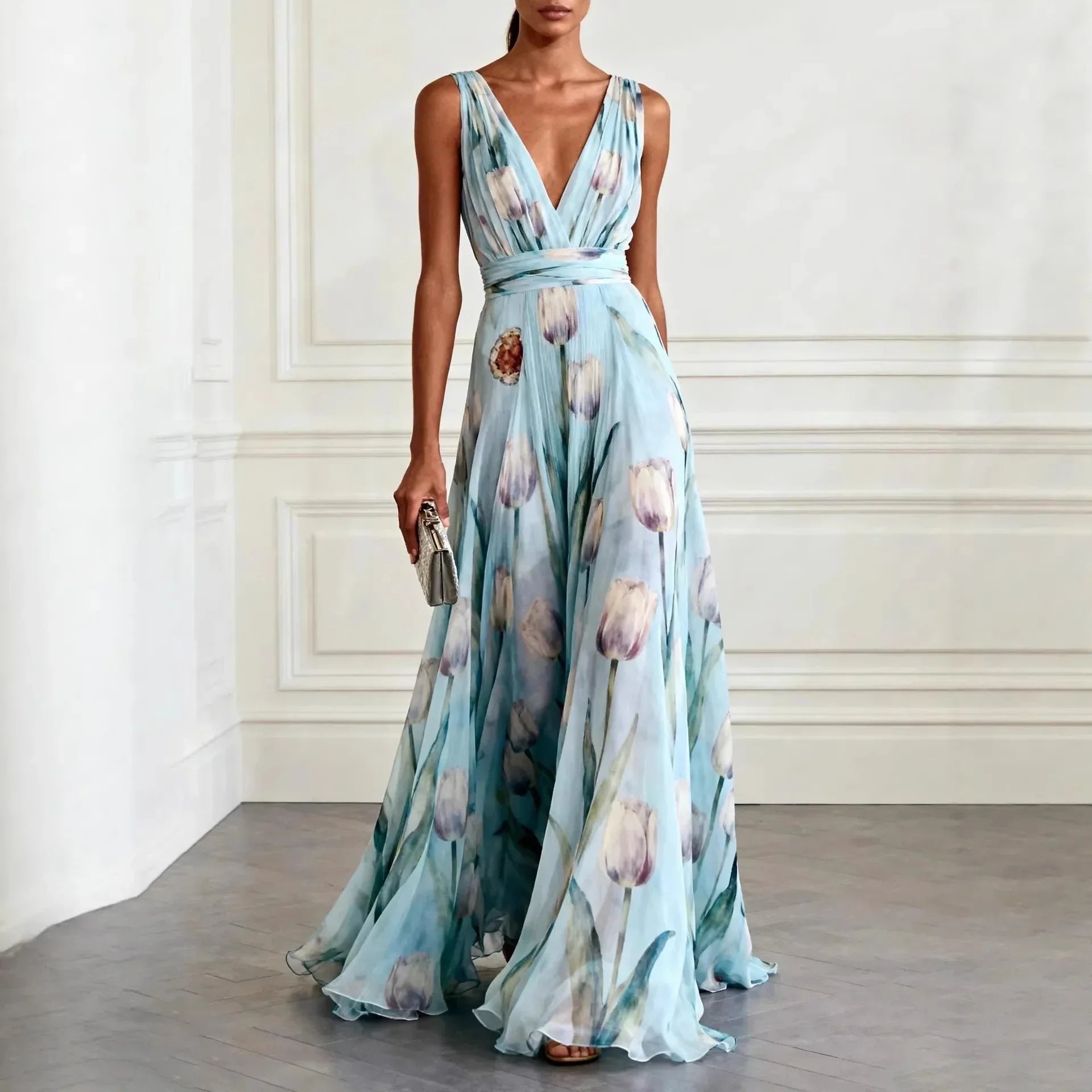 Olivia | Dame Tulipan Print V-udskæring Chiffon Maxikjole