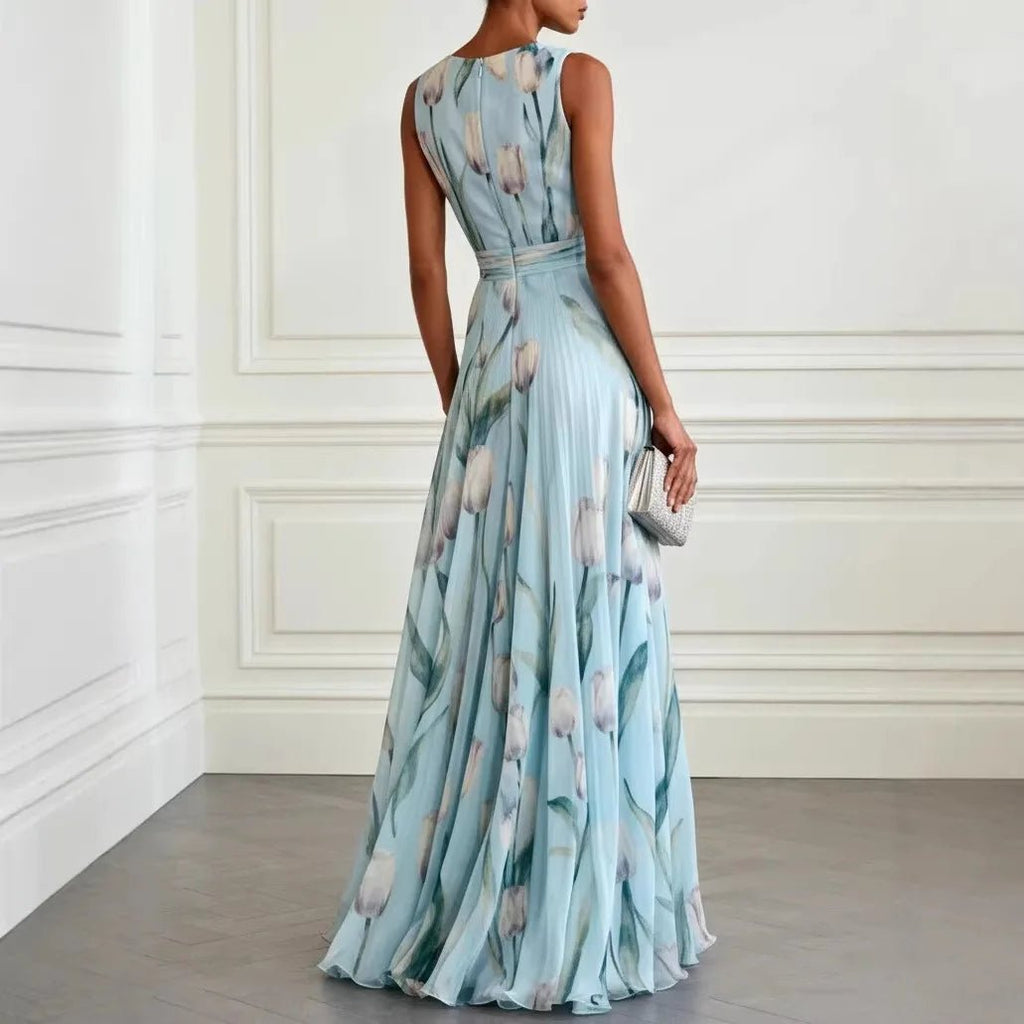 Olivia | Dame Tulipan Print V-udskæring Chiffon Maxikjole