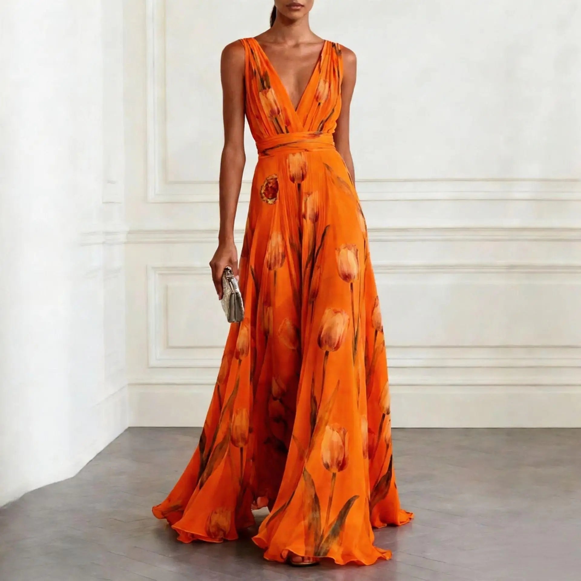 Olivia | Dame Tulipan Print V-udskæring Chiffon Maxikjole