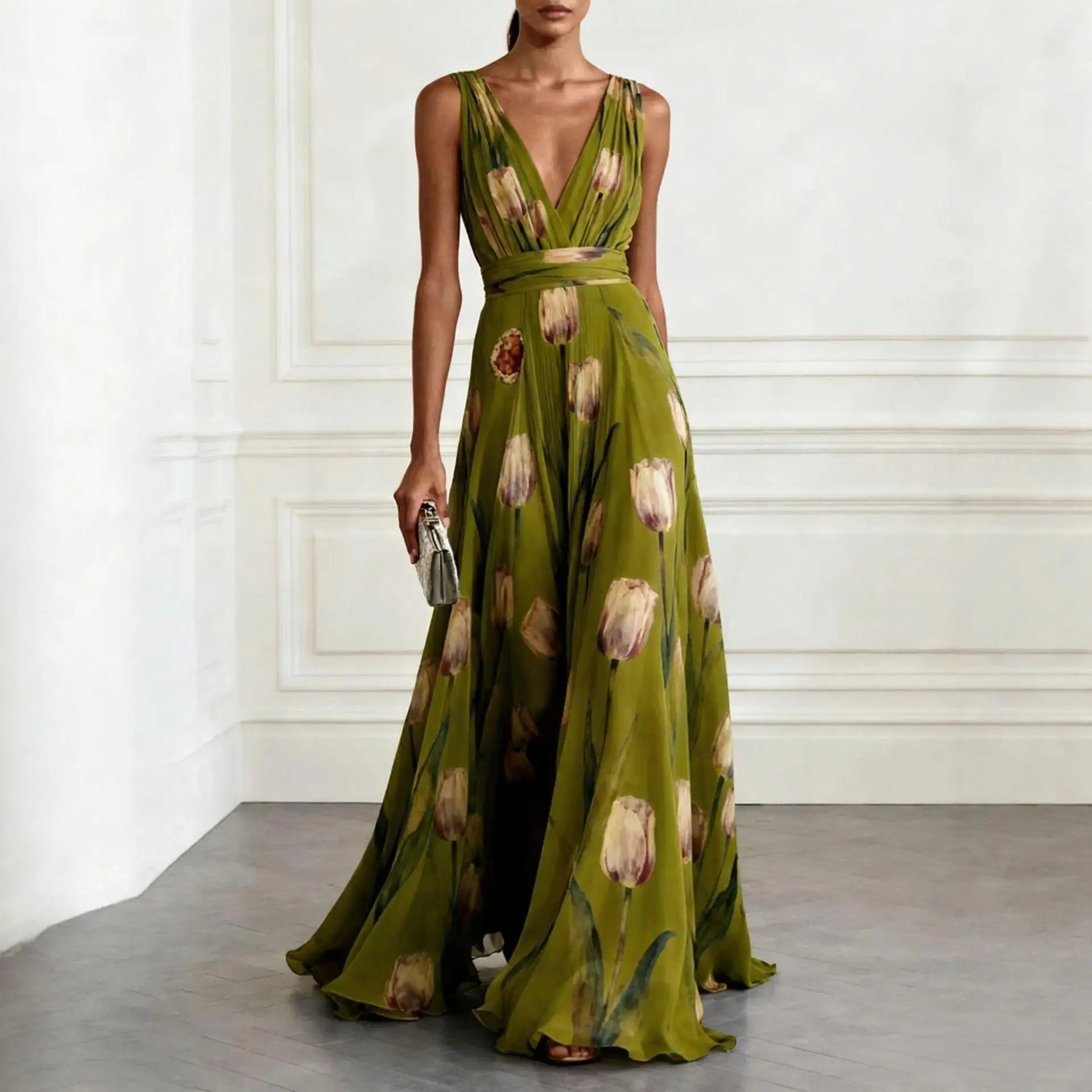Olivia | Dame Tulipan Print V-udskæring Chiffon Maxikjole