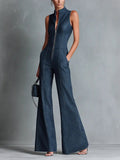 Ida | Dames Høj Hals Stretch Denim Flared Jumpsuit