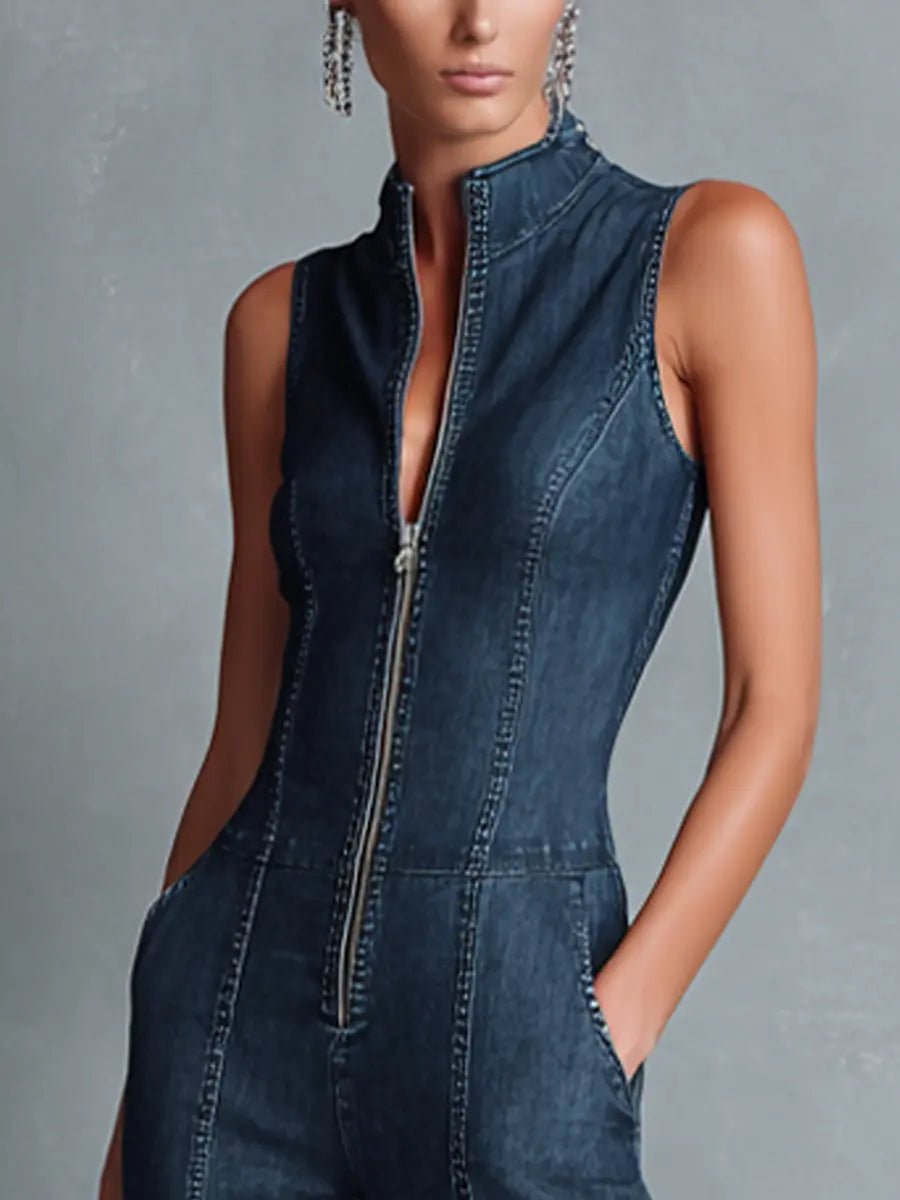 Ida | Dames Høj Hals Stretch Denim Flared Jumpsuit