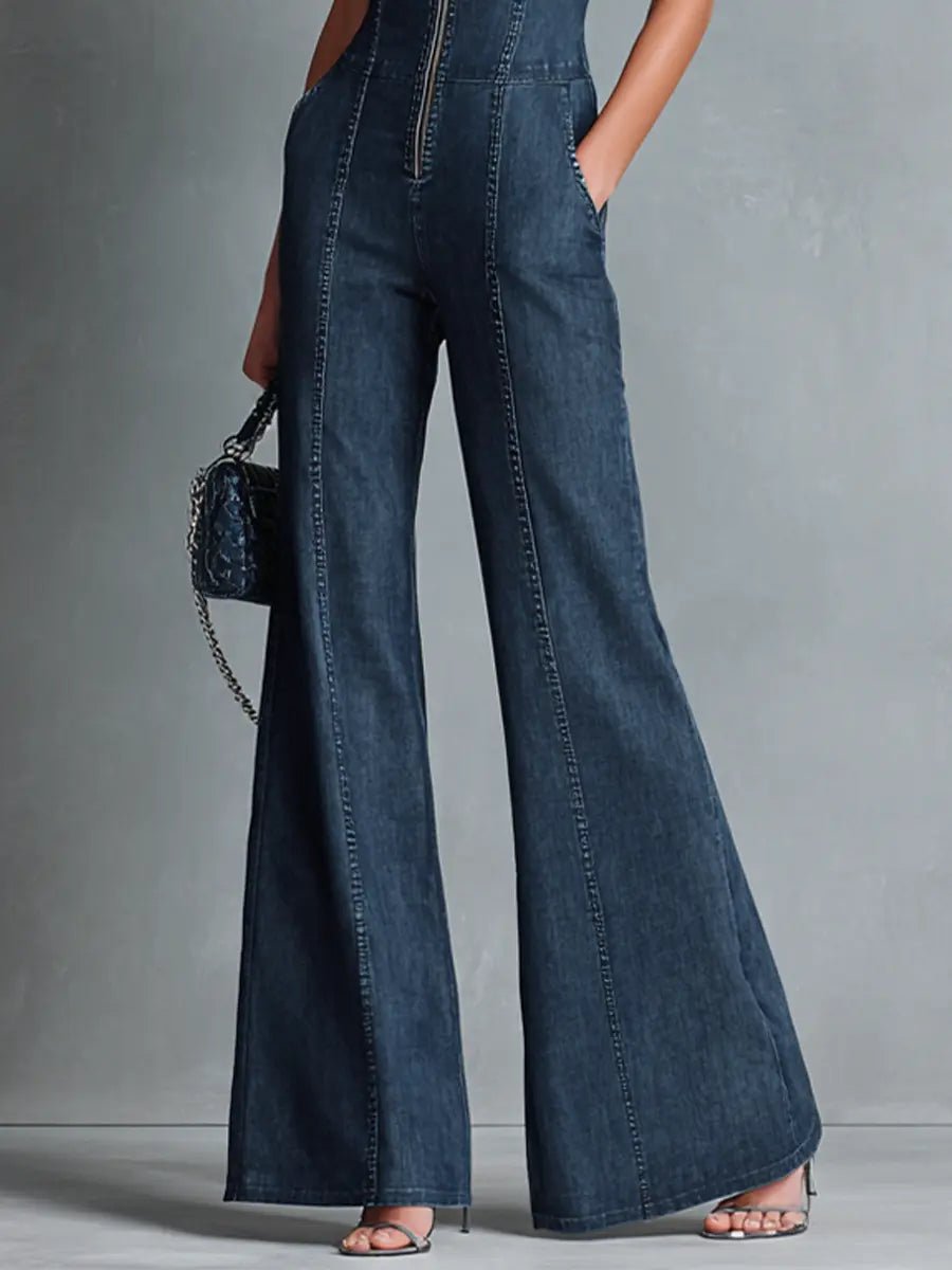 Ida | Dames Høj Hals Stretch Denim Flared Jumpsuit