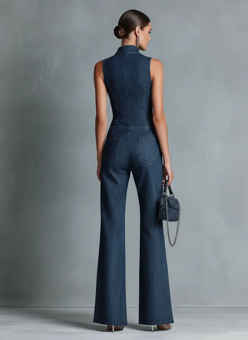 Ida | Dames Høj Hals Stretch Denim Flared Jumpsuit