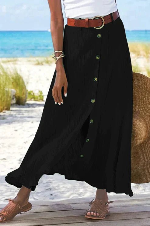 Isabella | Dames Højtaljede Krøllet Linned-Look Maxi Knappeskørt