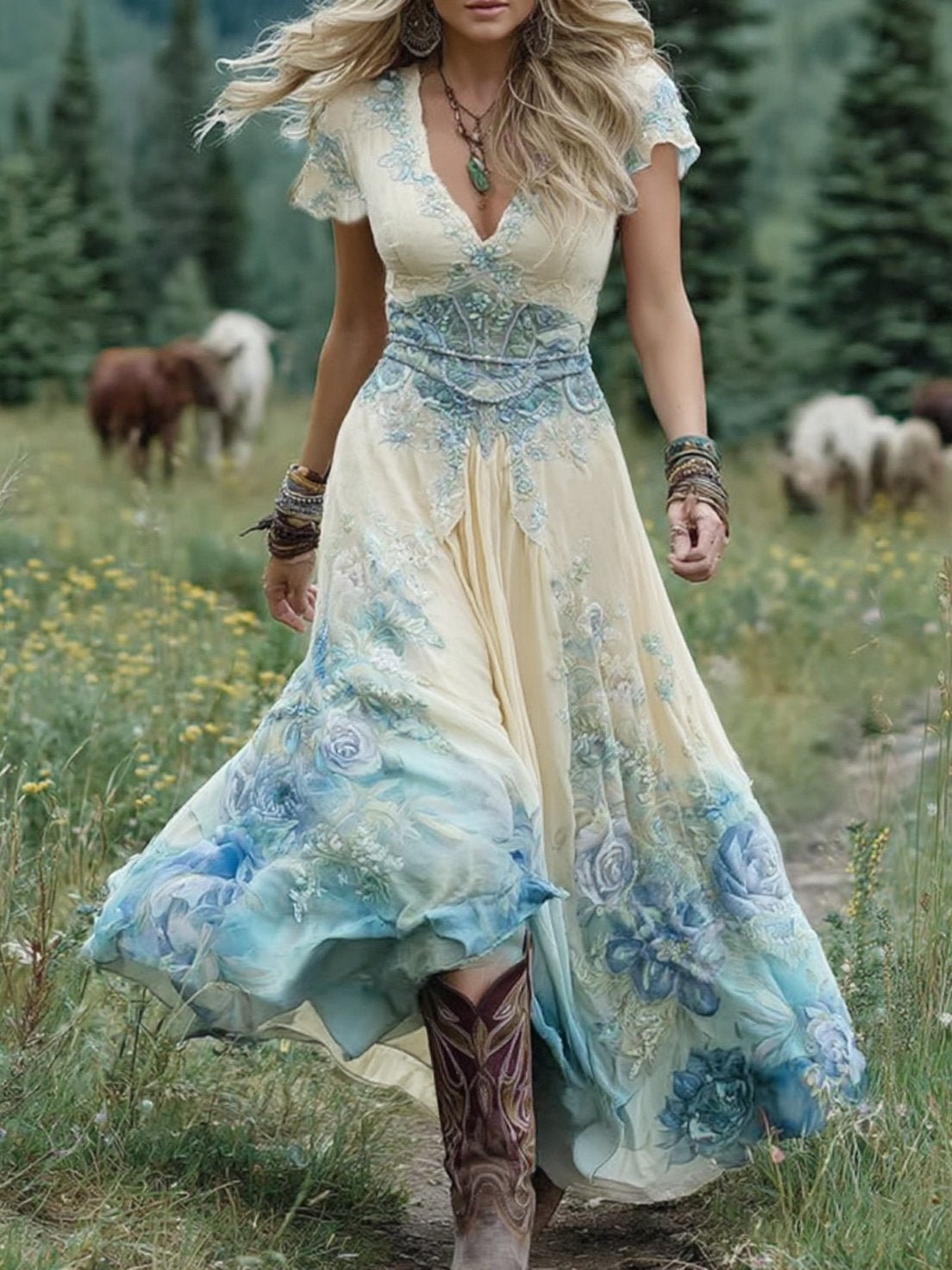 Astrid | Dames V-hals Blomster Maxi Kjole