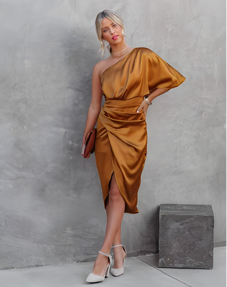 Serina | Kvinders Enskulder Draperet Satin Midikjole