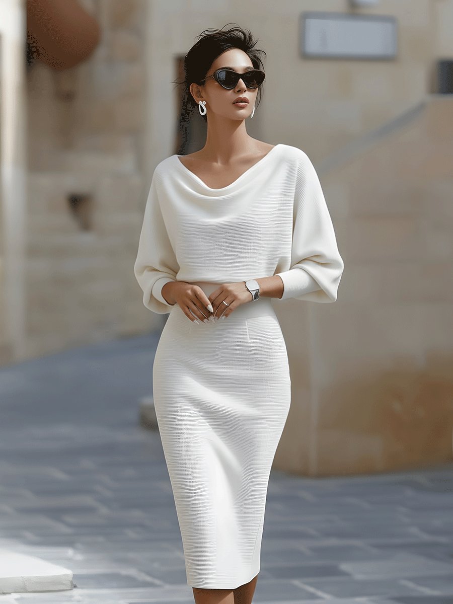 Clara | Midi Kjole Cowl-Hals Satin Bodycon Lang Ærme
