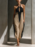 Anna | Midi Kjole Halterneck Color Block Sort Beige