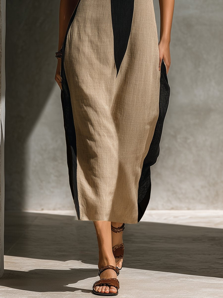 Anna | Midi Kjole Halterneck Color Block Sort Beige