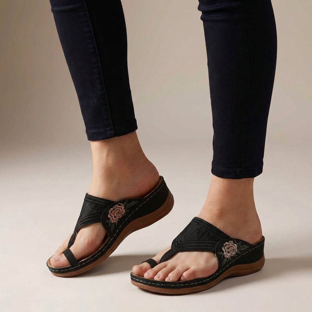 Mathilde | Ortopædiske Kile Sandaler Blomster Broderi Wedge Sommer