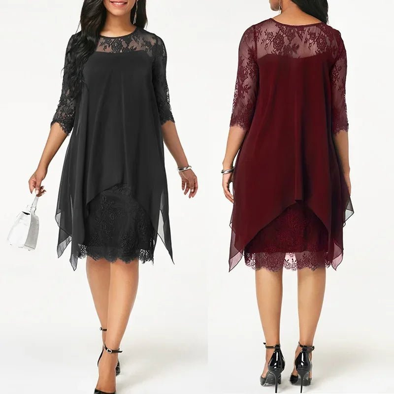 Clara | Plus size chiffon kjole med blonde og asymmetrisk hem