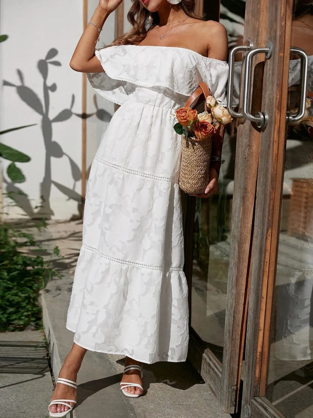 Bente | Dame Off Shoulder Lagdelt Maxi Kjole Til Bryllupsgæst